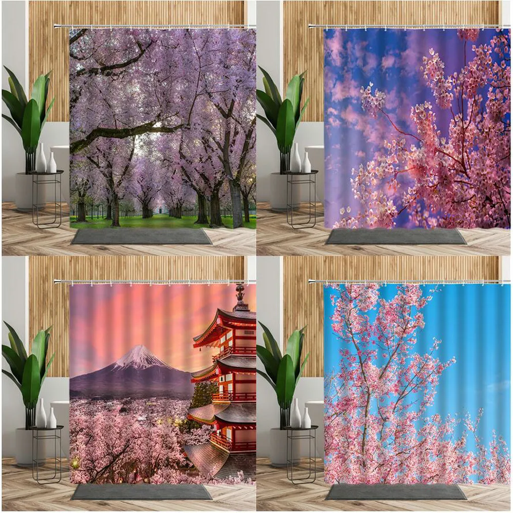 

Японская Гора Фудзи Штора для душа с цветами вишни, романтическое украшение для ванны с розовыми цветами для девушек, водонепроницаемая Што...