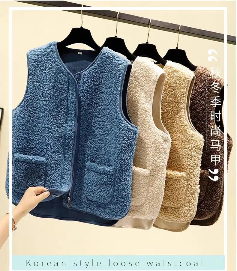 

2021 Tops Girl Winter New Lamb Hair Vest Women Loose Warm Sleeveless Vest Waistcoat Fur One-piece Suede Jacket Christmas