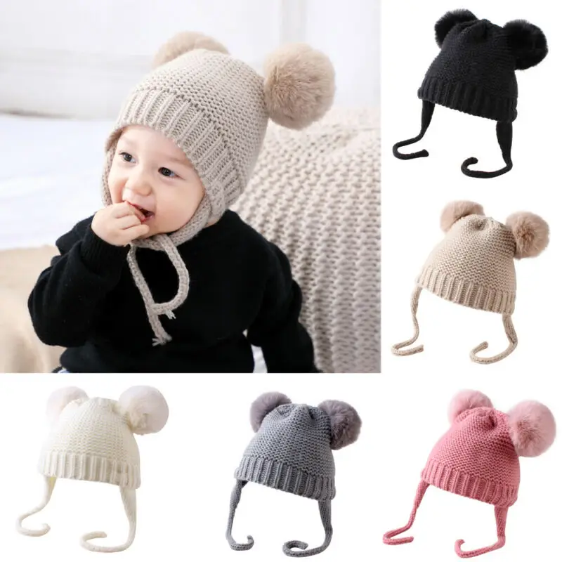 Cute Winter Warm Kids Girls Boys Baby Hats Knitted Wool Hemming Caps With Ball | Детская одежда и обувь