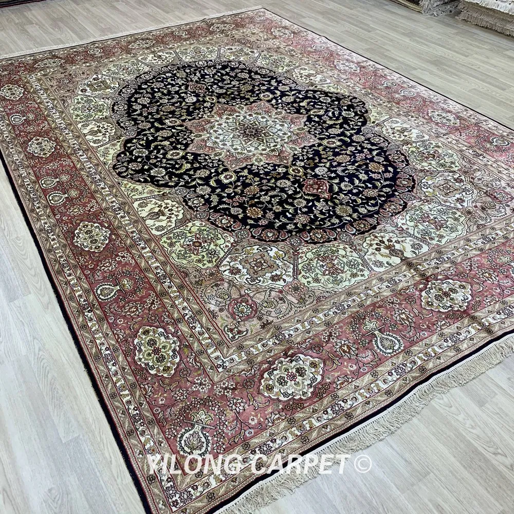 Beste Yilong 9 'X 12' Oosterse Handgeknoopt Luxe Zijden Kleed Zwart Medaillon Perzisch Tapijt Handgemaakte (YJH276B)
