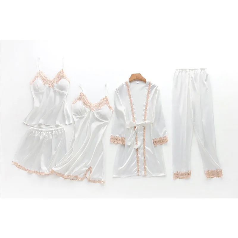 

Silk Five-piece Pajamas Female Night Dress with Chest Pad Nightgownshorts Set with Long Trousers Large Home Clothes Silk Pajamas