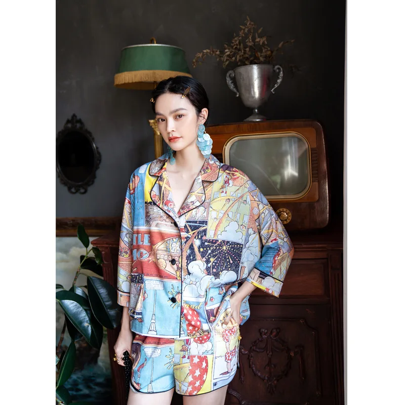 

Summer Ice Silk Slippery Pajamas for Women Leisure Cartoon Print Short Sleeve Shorts Thin Satin Two Piece Set Home Clothing 2021