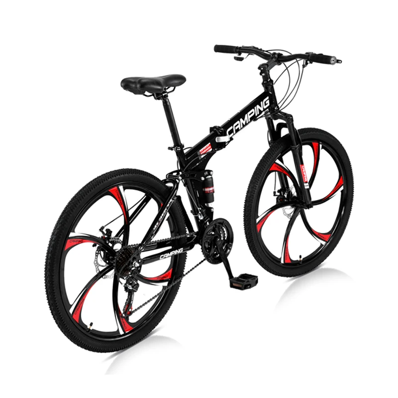 26 Inches 21 Speeds Bicycle Mountain Bike Road Bike Foldable Six-Wheel Cycling Suspension Bicycle Double Disc Brake Black