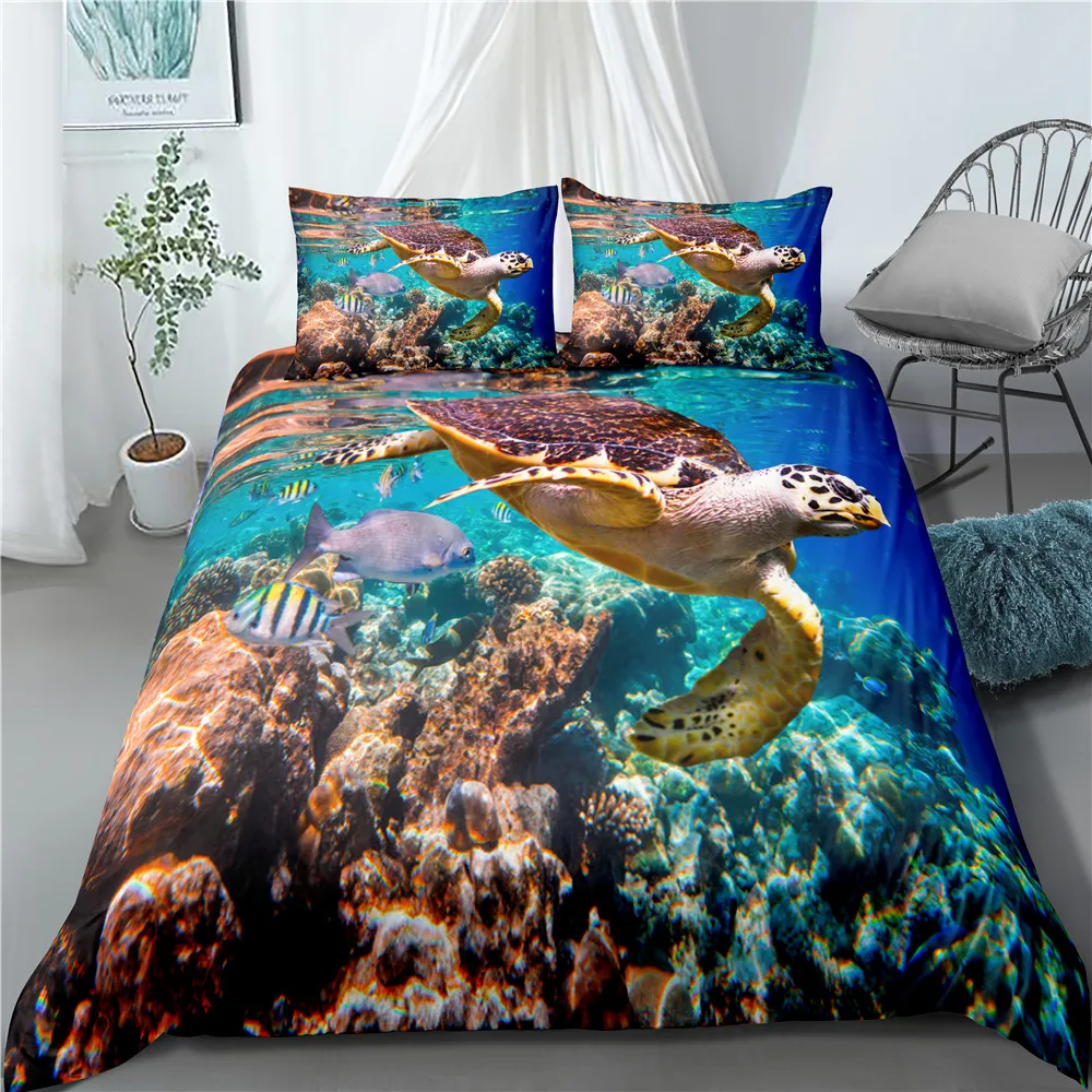 

3D Sea Turtle Duvet Cover Set Marine Life Housse De Couette 3PCS Bedding Set Soft Microfiber Edredon for Kids Boys Girls