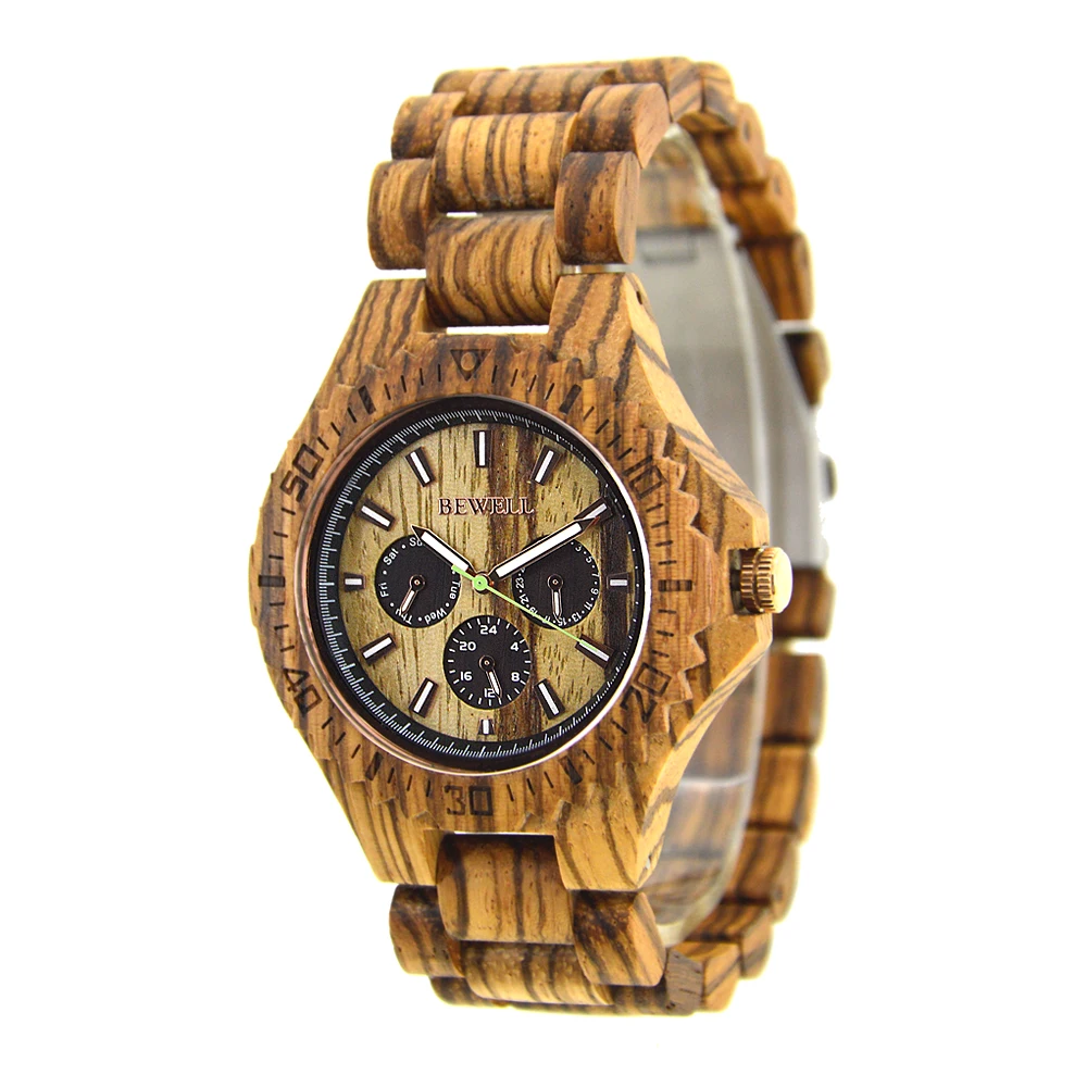 

BEWELL Men's Sandal Wooden Watches Handmade Date Display Analog Quartz Vintage Round Wood Watch