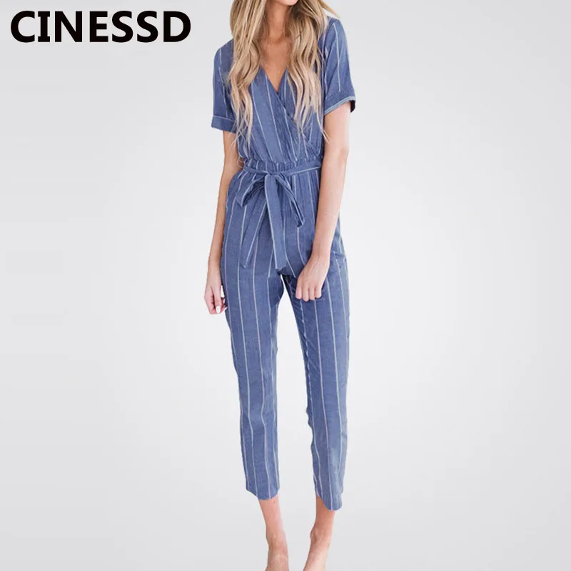 Комбинезон женский длинный в полоску с V-образным вырезом и коротким рукавом |