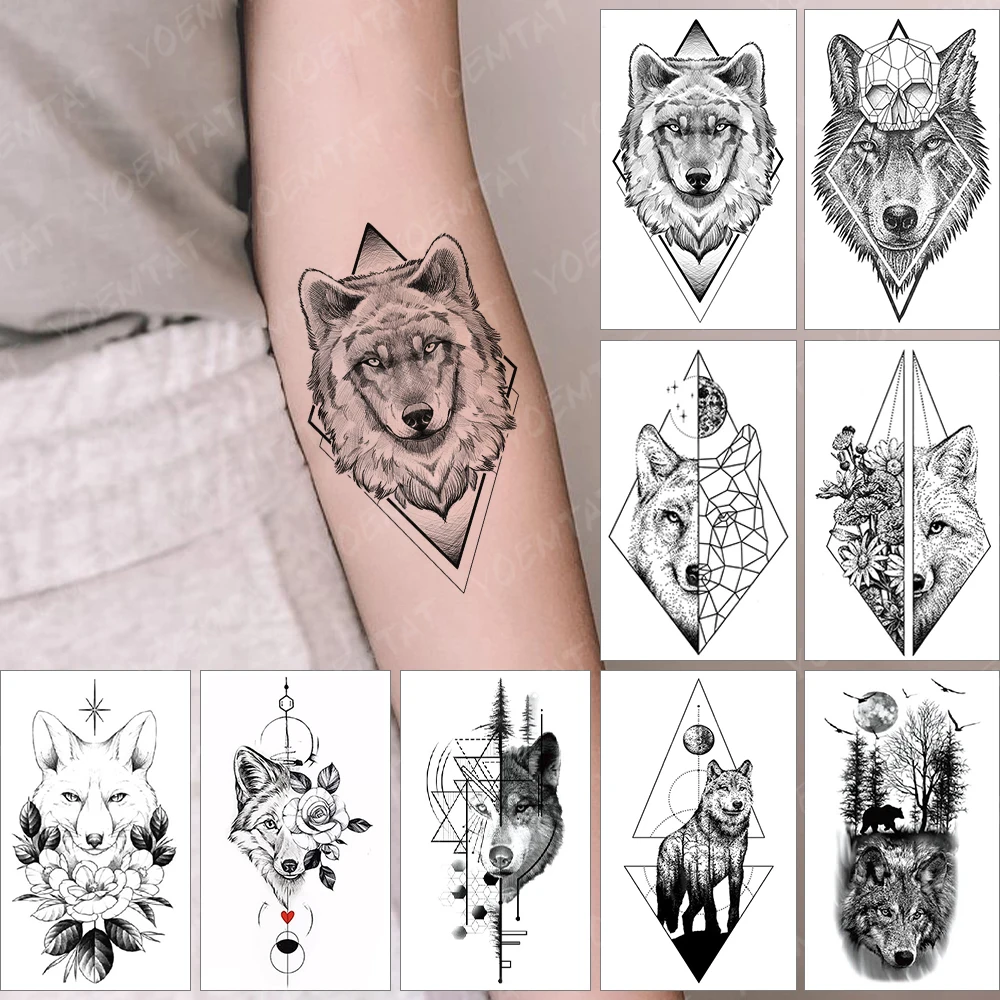 

Waterproof Temporary Tattoo Sticker Realistic 3d Wild Wolf Line Geometry Animal Flash Tatoo Fake Tatto For Body Art Women Men