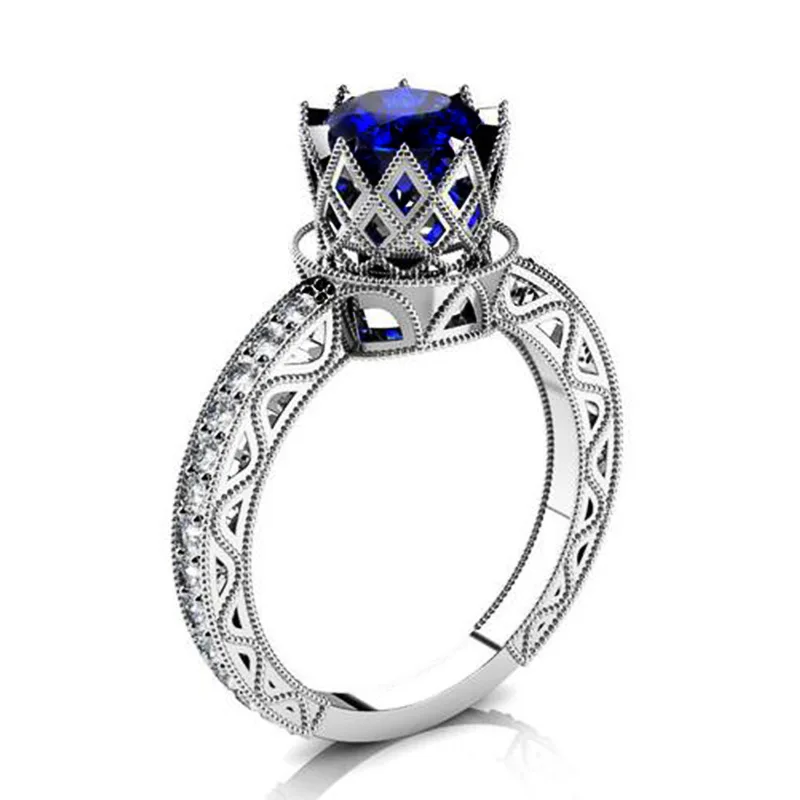 Новинка 2019 Модные полые резные кольца с синим цирконием в форме короны для женщин