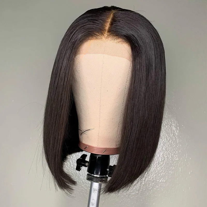 

14 Inch Short Cut Bob Black Natural Hairline Straight Synthetic Lace Front Wig For Women With Babyhair Daily Deep Middle Part