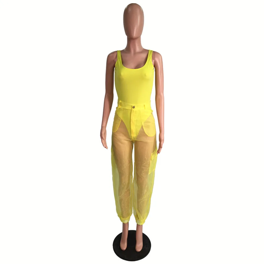 yellow jumpsuit Sexy Bodysuit Top With Organza Pants Two Piece Set Casual Sleeveless Bodycon Jumpsuit Evening Club Party 2 Piece Overalls Sets - Цвет: yellow jumpsuit