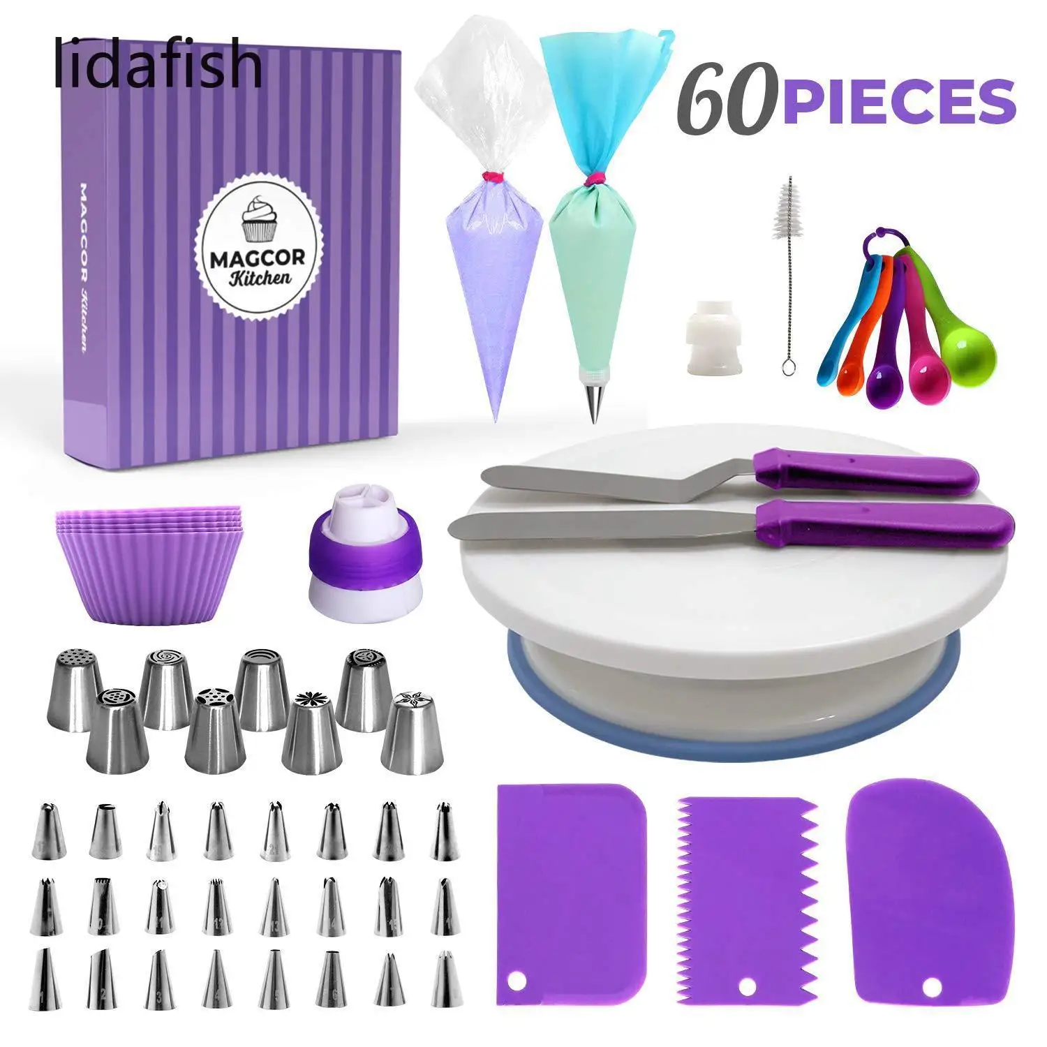 

lidafish 60PCS / Set Cake Tips Set Cake Stand DIY Cream Spatula Pastry Cake Decorating Tools DIY Baking Tools