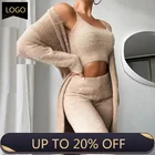 Весенние элегантные пушистые однотонные костюмы из трех предметов, Женская Повседневная Верхняя одежда, топы и узкие брюки, женские теплые пальто с длинным рукавом