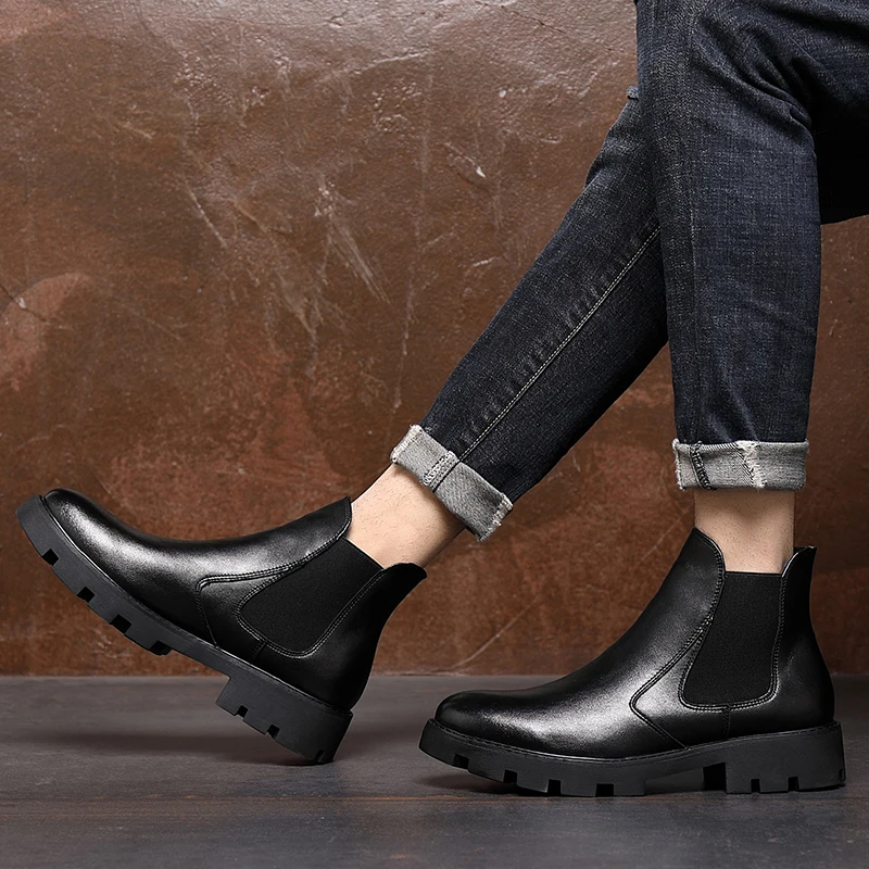 

Men Leather Shoes Men's Elastic Ankle Boots Spring Men Shoes Motorcycle Boots Short Plush Autumn Boots Male Shoes #9822