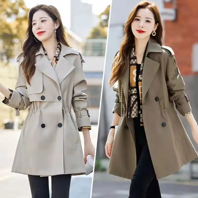 

2021 Spring And Autumn Windbreaker Women's Short Female Double Breasted Slim Khaki Coat Fashion Windbreaker Solid Color Coat