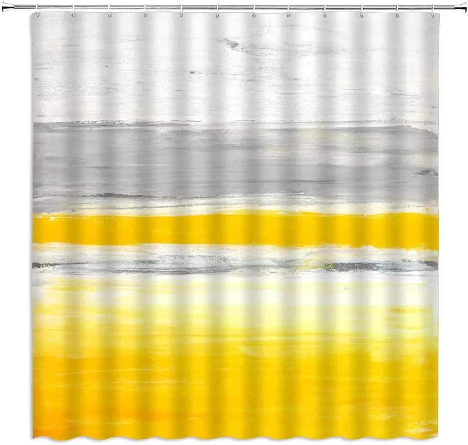 Abstract Art Shower Curtain Yellow and Gray Grunge Style Brush Strokes Modern Oil Painting Aesthetic Bathroom Decor with Hooks
