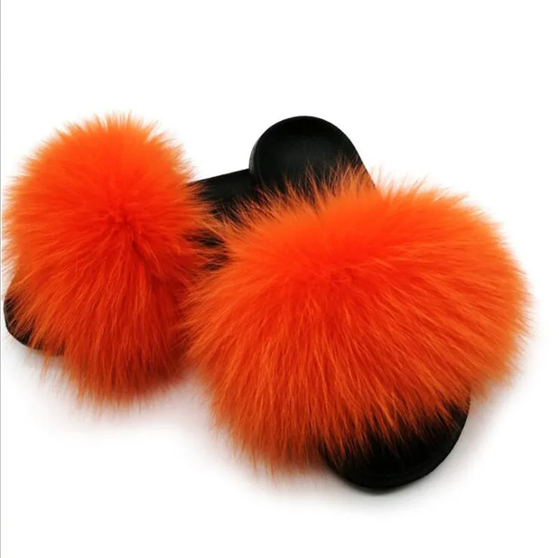 

2020 indoor Slides flat shoes 100% Real Fox Fur Slippers Slides Casual Shoes Fluffy Slippers Flip Flops Furry Shoes Women