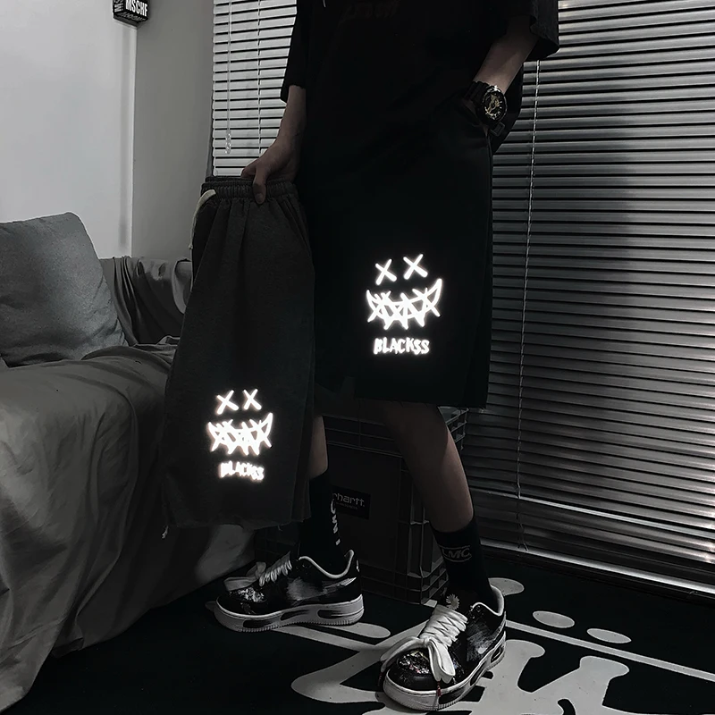 

Шорты мужские и женские Светоотражающие со смайликом, повседневные свободные с кулиской и необработанными краями, уличная одежда в стиле х...