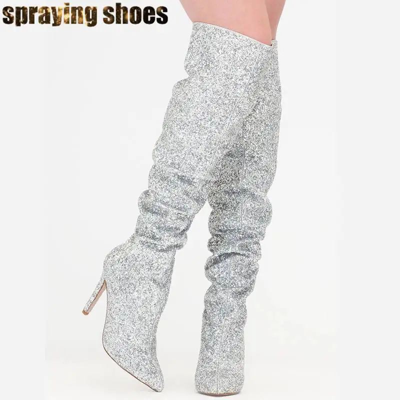 Silver Bling Блестящие, серебряные с украшением в виде кристаллов Стразы Женские ботильоны-лодочки на шпильке с острым носком высокий тонкий каблук Зимние туфли-лодочки обувь женская обувь, Большие размеры - Цвет: Silver
