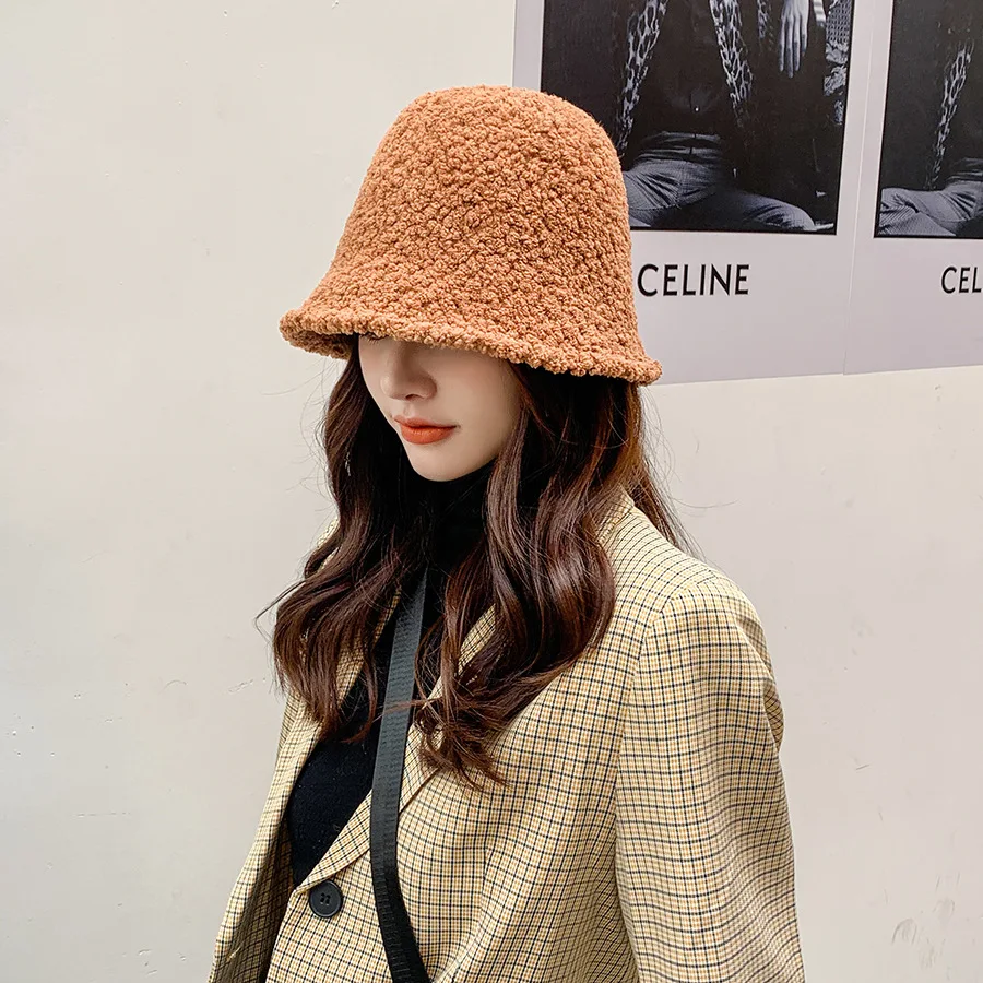 Women's Bucket Hat Winter Cap 2021 Spring Fisherman Hip Hop Plush Lambswool Girls Casual Summer Warm Beach Streetwear
