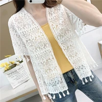 summer holiday beach lace kimono cardigan with tassel women short sleeve open stitch hollow out blouse shirt sunscreen coat