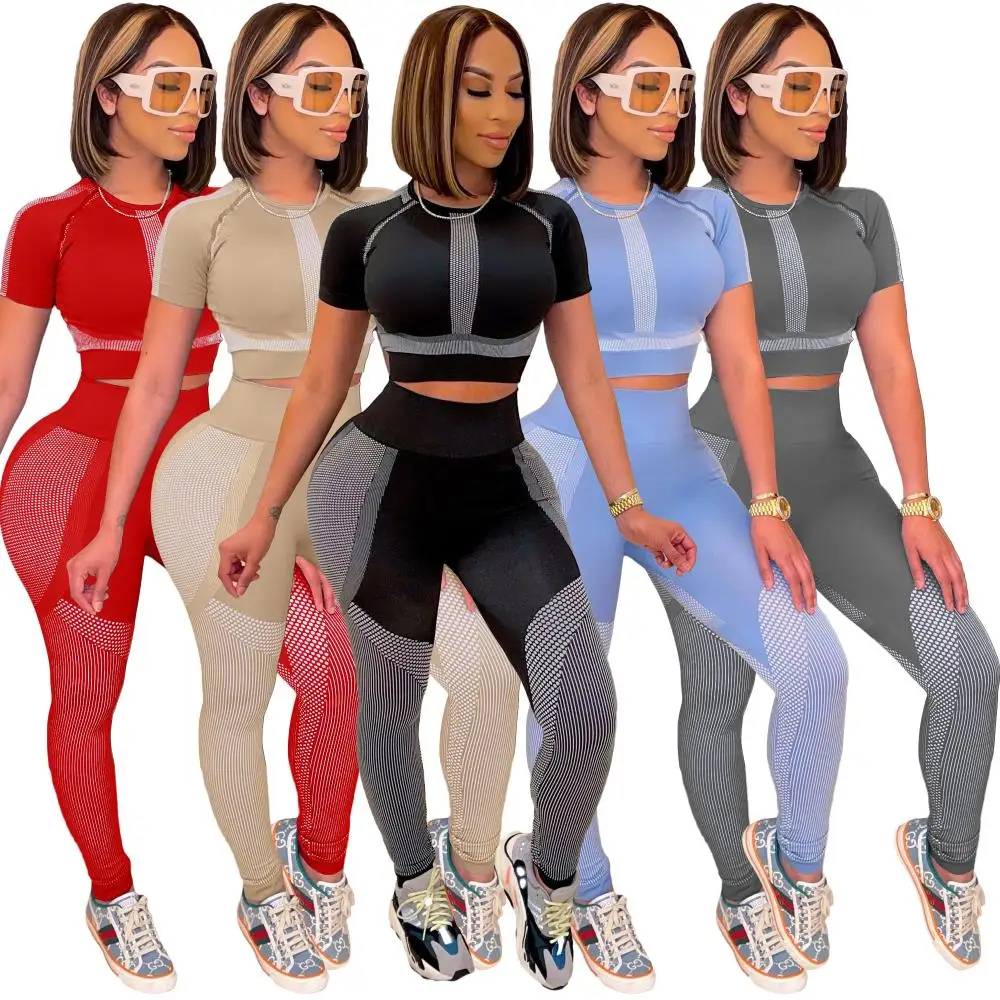 

Fashionable Women Sportwear Yoga 2 Pieces Color Block Print Patchwork O Neck Short Sleeve Top Tight Long Pencil Pants Tracksuits