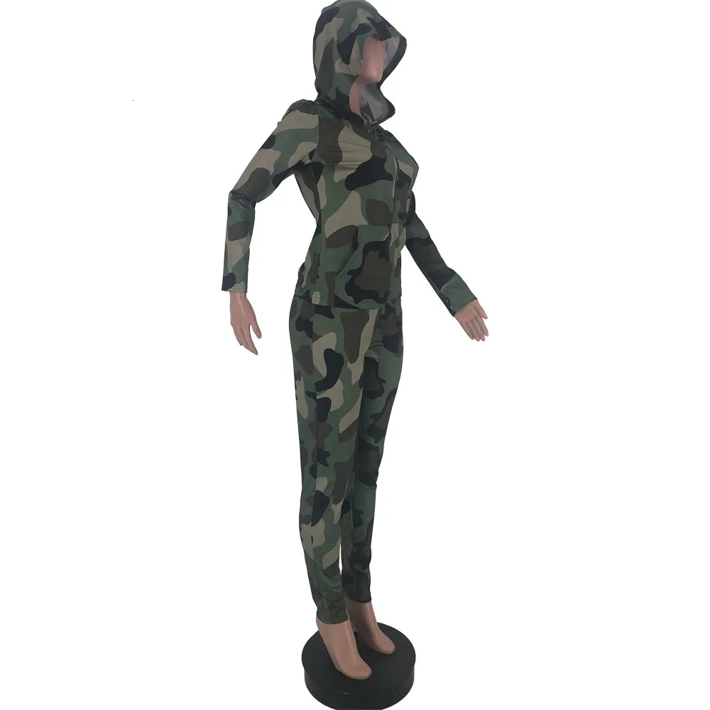 Conjunto de Sudadera con capucha de camuflaje deportivo para mujer, chándal de dos piezas con cremallera, trajes a Juego de 2 piezas, Otoño e Invierno