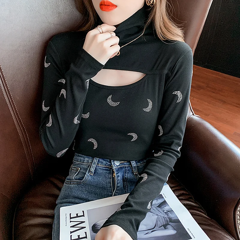 

#8951 черная красная водолазка, женская футболка с вырезами, сексуальная женская блузка из хлопка с фотографией, корейская мода