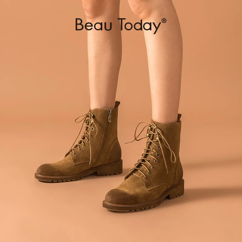 

BeauToday Ankle Boots Women Cow Suede Leather Side Zip Lace-Up Waxing Round Toe Winter Lady Fashion Shoes Handmade 03813