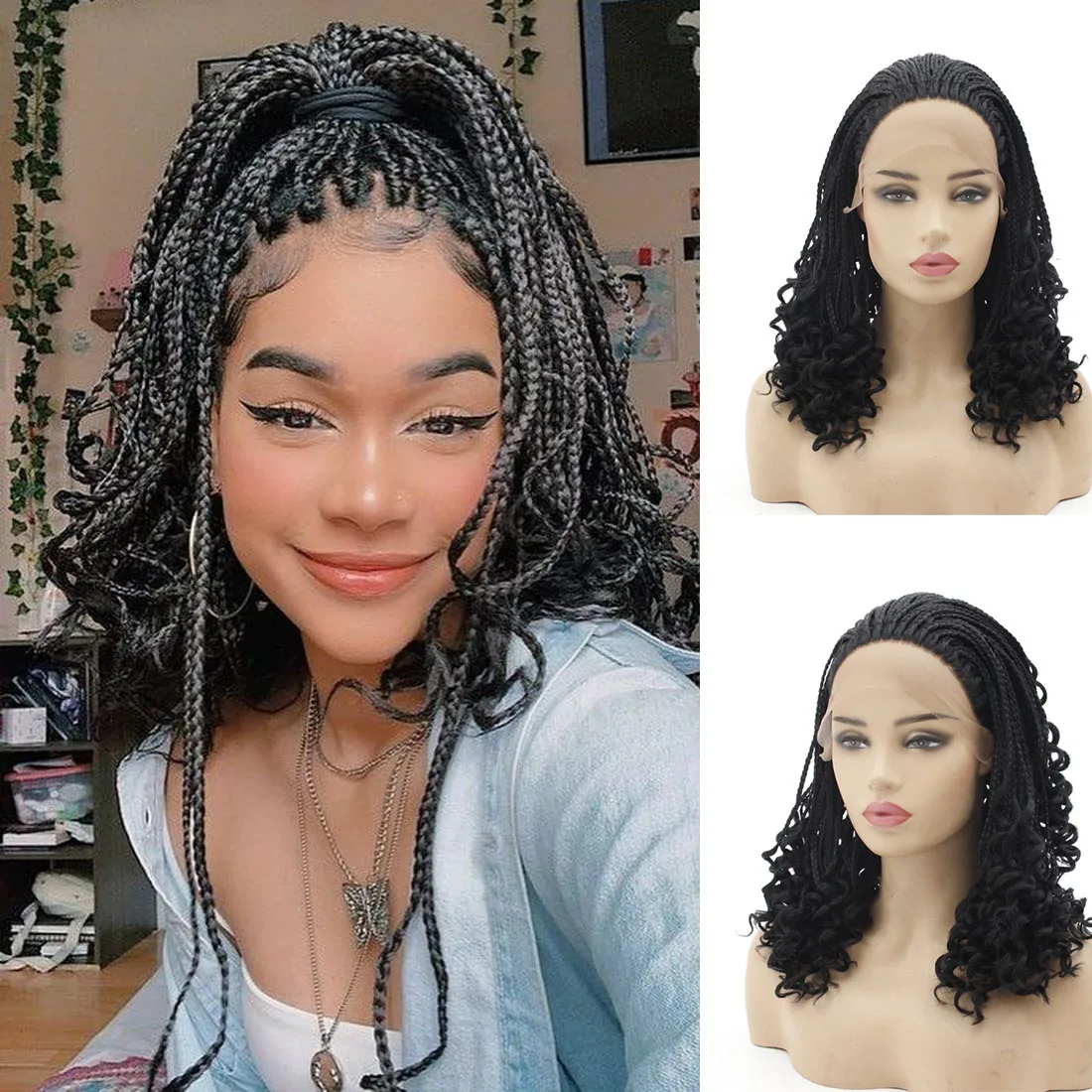 

Box Braided Wig 13*6Lace Front Wig Short Bob Wave Free Part Synthetic Braids Hair Baby Hair For Black Women Babyhair Prepluecked