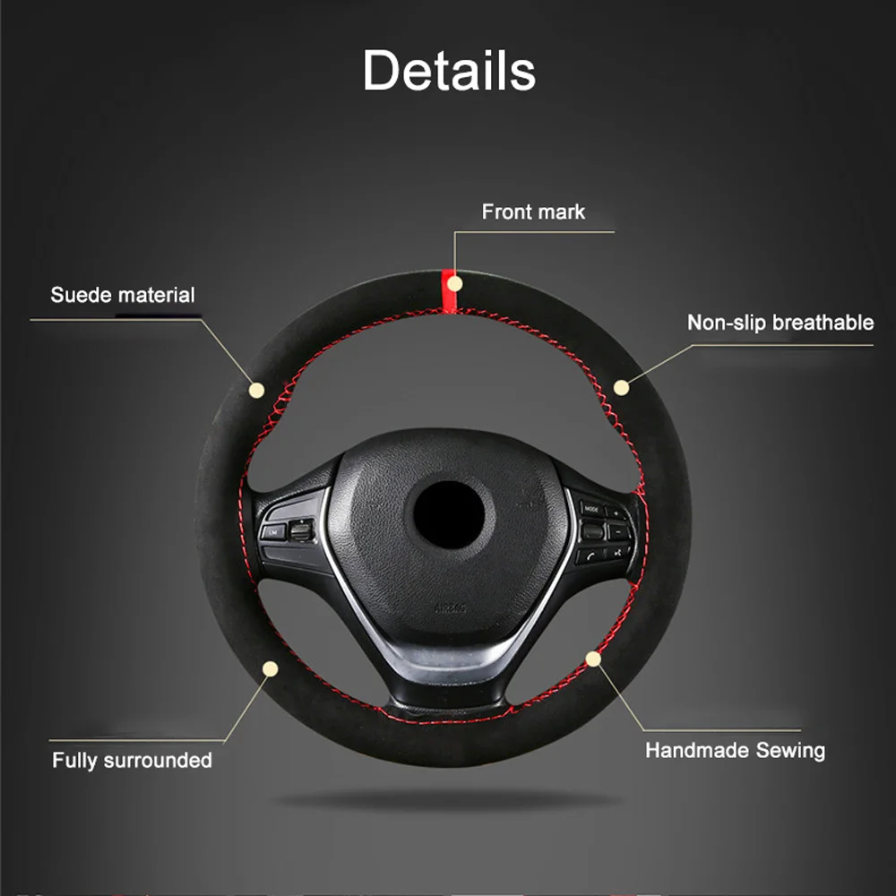 Black Suede Red Mark Braid On Steering Wheel Car Steering Wheel Cover Diameter 15inch / 38cm Auto Car Accessories images - 6