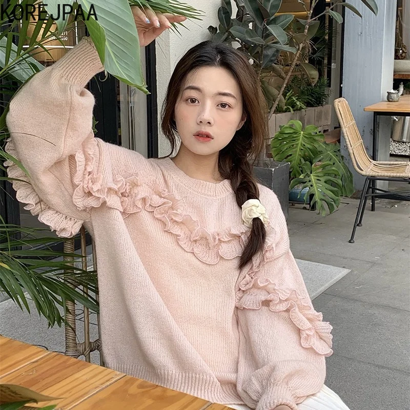 

Korejpaa Casual Patchwork Fungus Sweater Women Korea Gentle Wind 2021 New Autumn O-neck Long Sleeve Knitwear Pullover Femme