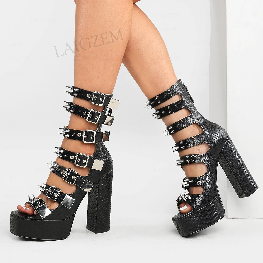 

LAIGZEM PUNK Women Platform Sandals Back Zip 15.5CM Chunky Block Heels Pumps Buckle Straps Rivetes Shoes Woman Size 39 4142 43