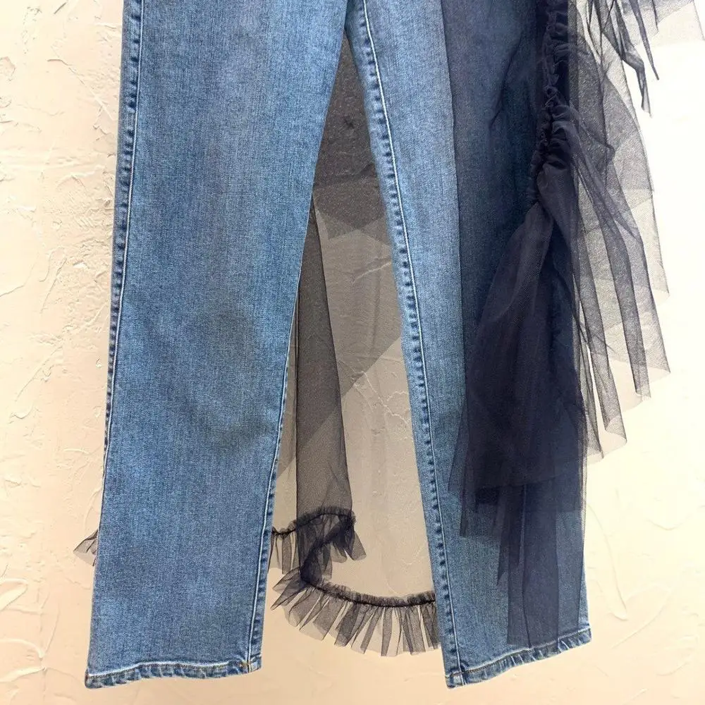 new 2021 spring women mesh patchwork jeans female vintage straight denim pants trouse ddxgz2