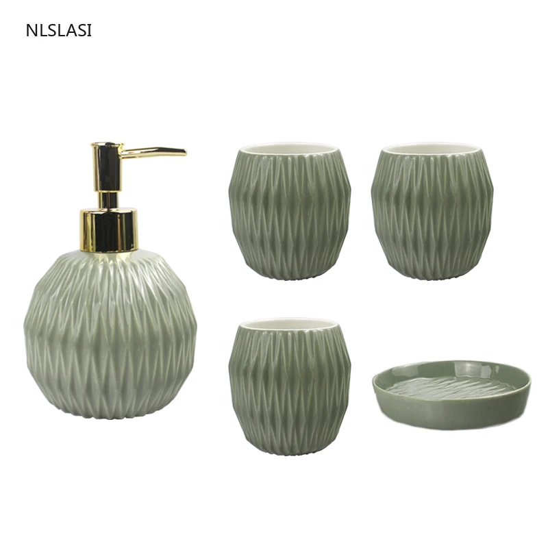 

Nordic Solid Color Ceramic Bathroom Accessories Set Soap Dispenser Travel Shampoo Wristband Hand Dispenser Soap Dish Gargle Cup