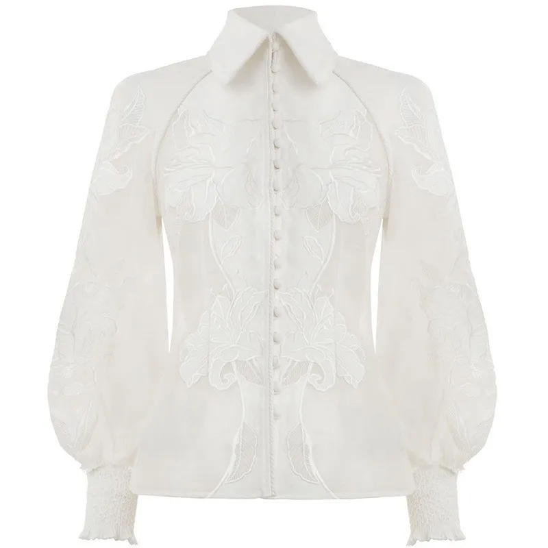 

HStar Casual Solid Women Suit Embroidery Patchwork Lapel Lantern Sleeve Shirt Bandage Shorts Two Piece Set Female