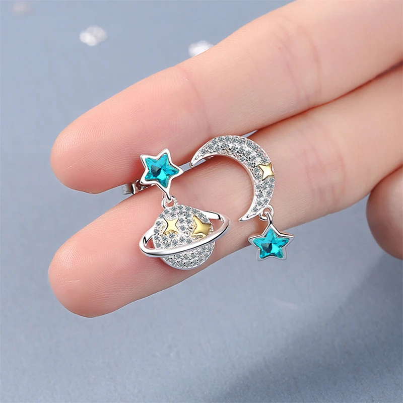 

Newest Starry Universe Asymmetric Stud Earrings Sea Blue Pentagram Star Moon Micro Crystal Pave Lovely Earring Jewelry Gift