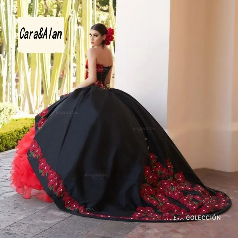 

Black And Red Quinceanera Dresses Applique Puffy Organza Skirt Sweet 16 Dress vestidos de 15 Mexican Girls Prom Gowns