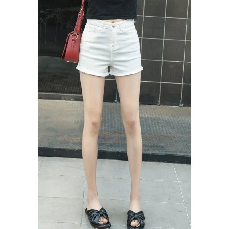

2020 Ladies New Denim Shorts Black White Blue High Waist Bodycon Women Summer Elastic Freyed Edge Hot Shorts Female Large Size