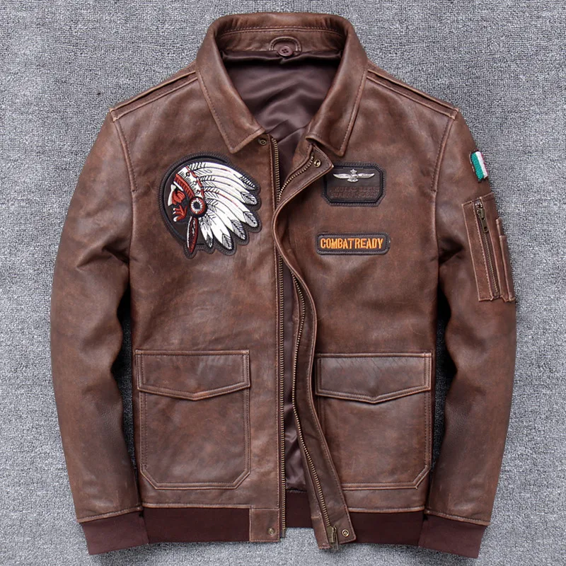 

Free Shipping DHL Brand Indian Embroidery Genuine Leather Jacket Men's Vintage Brown Plus Size Natural Sheepskin Autumn Coat