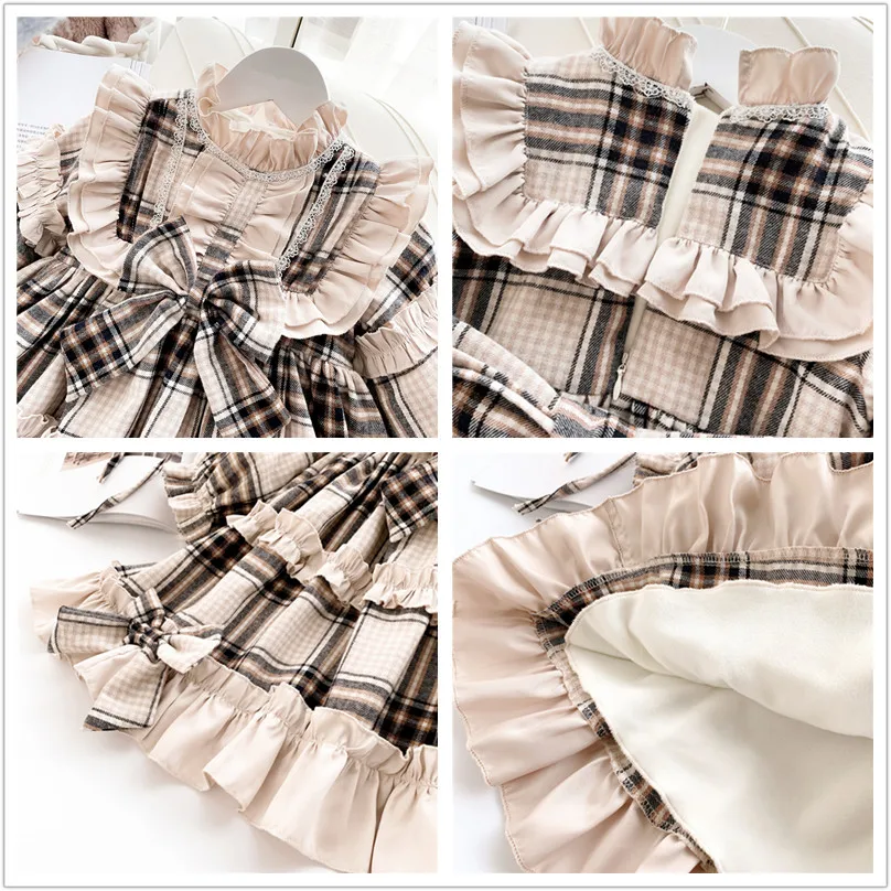 

Winter Kids Girl Dresses 2021 Baby Little Girls Long Sleeve Plaid Vintage Lolita Princess Dress Thick Warm Clothes Ruffle Frock