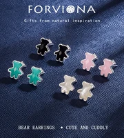 forviona new style black pink green white bear earrings 925 sterling silver making niche design simple ladies jewelry gifts