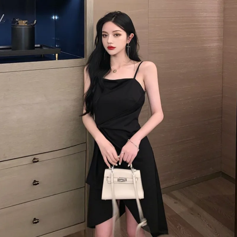 

#0943 Summer Black Spaghetti Strap Dress Women Back Zipper Asymmetrical Dress For Women Backless Split Mini Dress Ladies Tight