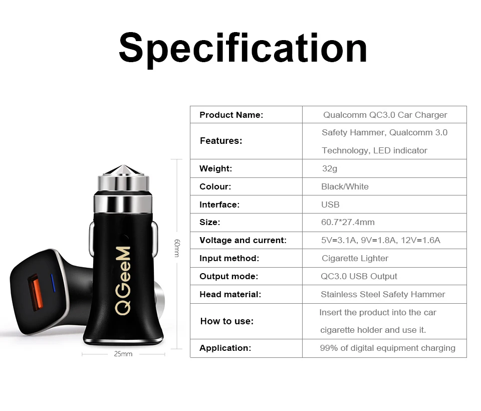QGEEM QC 3,0 USB Автомобильное зарядное устройство, молоток для безопасности, быстрая зарядка 3,0, автомобильное быстрое зарядное устройство для телефона, зарядный адаптер для iPhone Xiaomi mi 9 Red mi