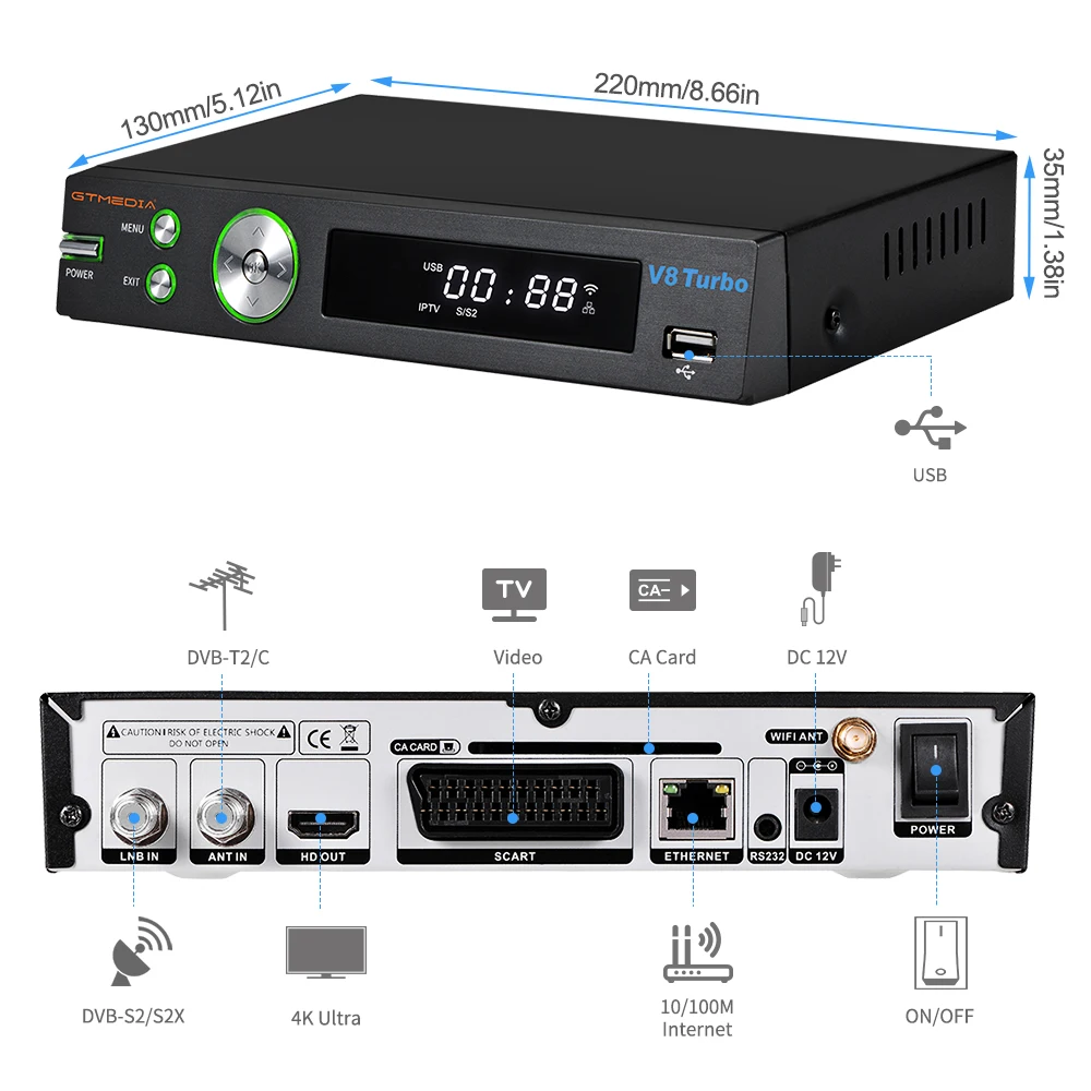Спутниковый ресивер GTMEDIA V8 Turbo DVB S2/S2X/T2/C 10 битный Wi Fi H.265 поддержка карт в