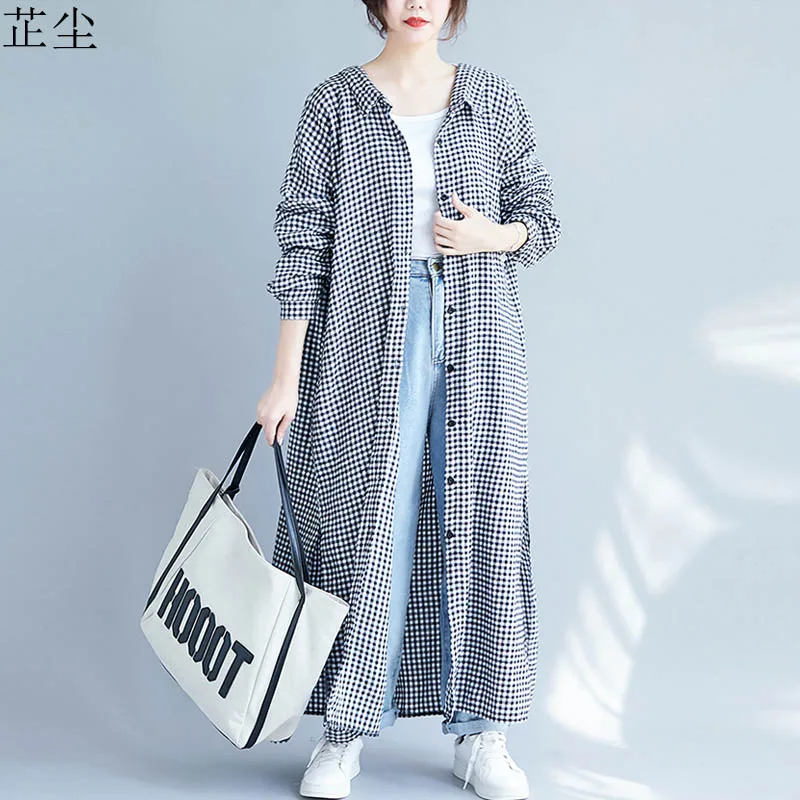 Женское клетчатое платье рубашка размера плюс длинное повседневное винтажное