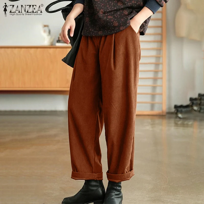 

Women Retro Corduroy Pants Casual ZANZEA 2022 Autumn Wide Leg Pants Solid Loose Pantalons Palazzo Oversized Elastic Waist Pants