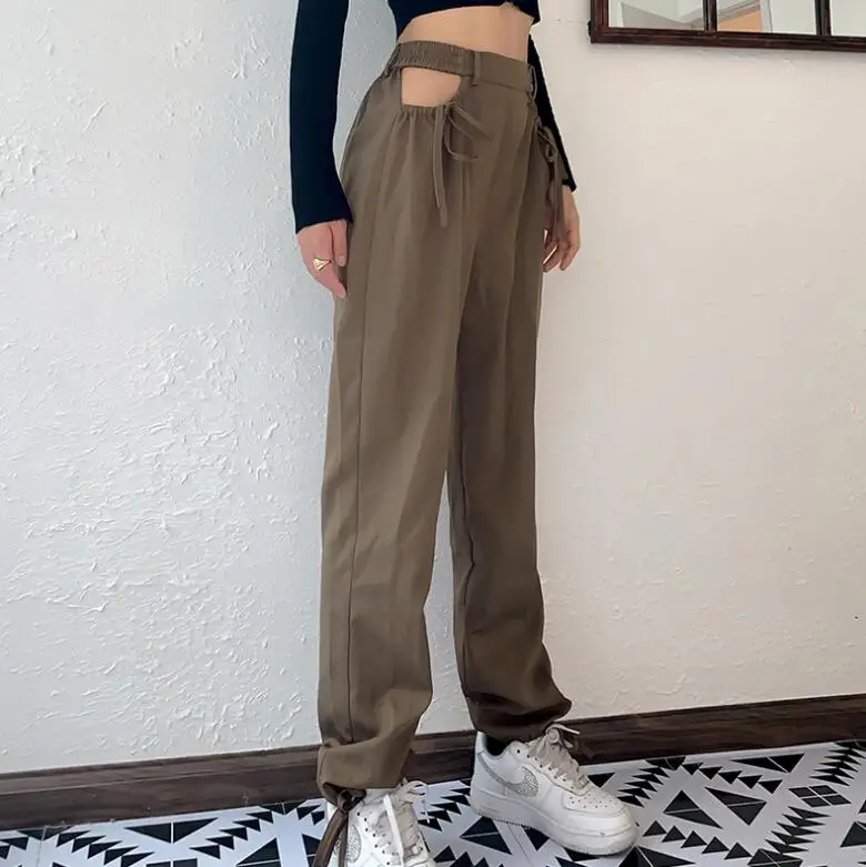 

Women's new high-waist drawstring hollow loose casual pants