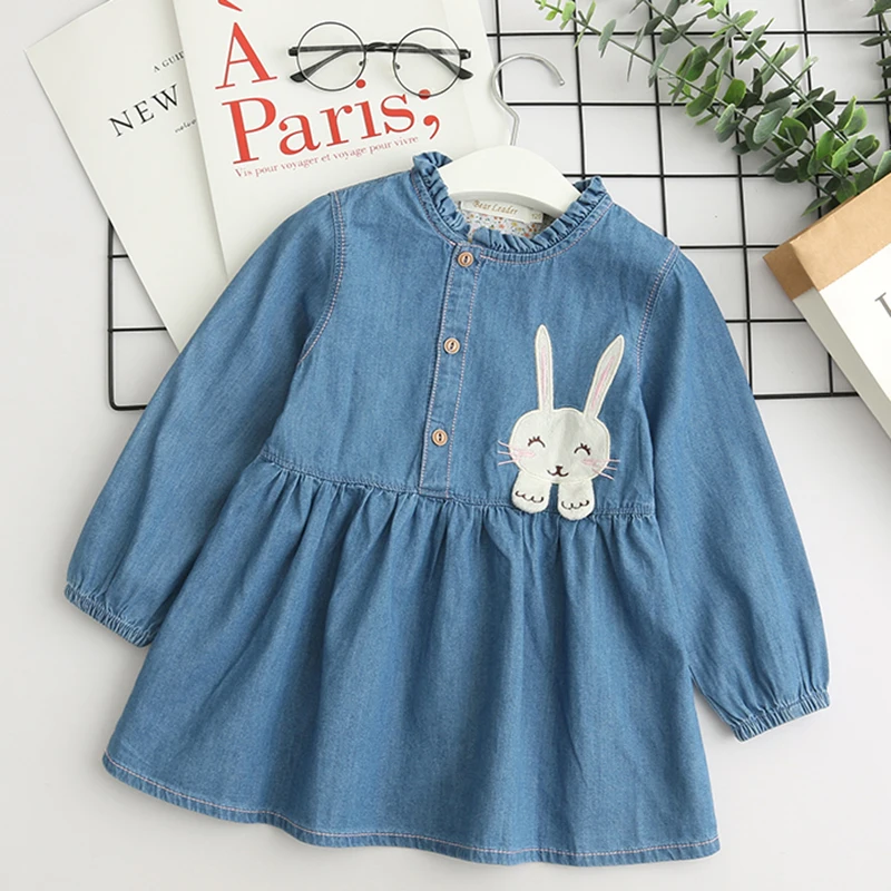 Bear Leader Girls Dress 2020 New Spring Casual Style Denim Dresses Long Sleeve Rabbit Patch Design For Children Clothing | Детская