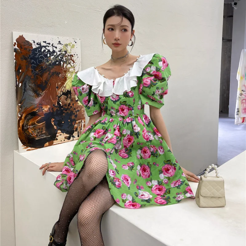 

Kimotimo Floral Dress Women 2021 Summer Sweet Green Turn-down Collar Short Sleeve Waist Mini Bud Dress Prairie Chic Boho Dress