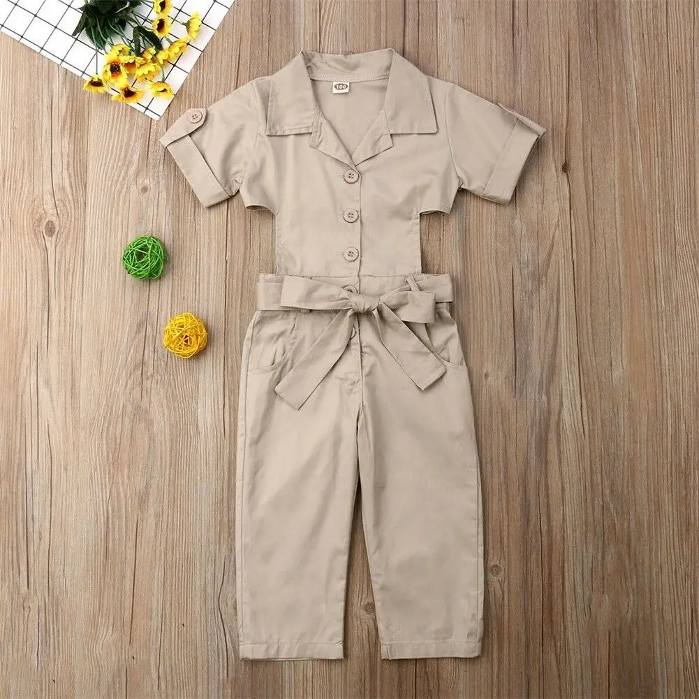 2021 Brand New 2-7Y Infant Kids Baby Girls Fashion Romper Solid Sashes Belt Backless Jumpsuits Handsome British Style Clothes